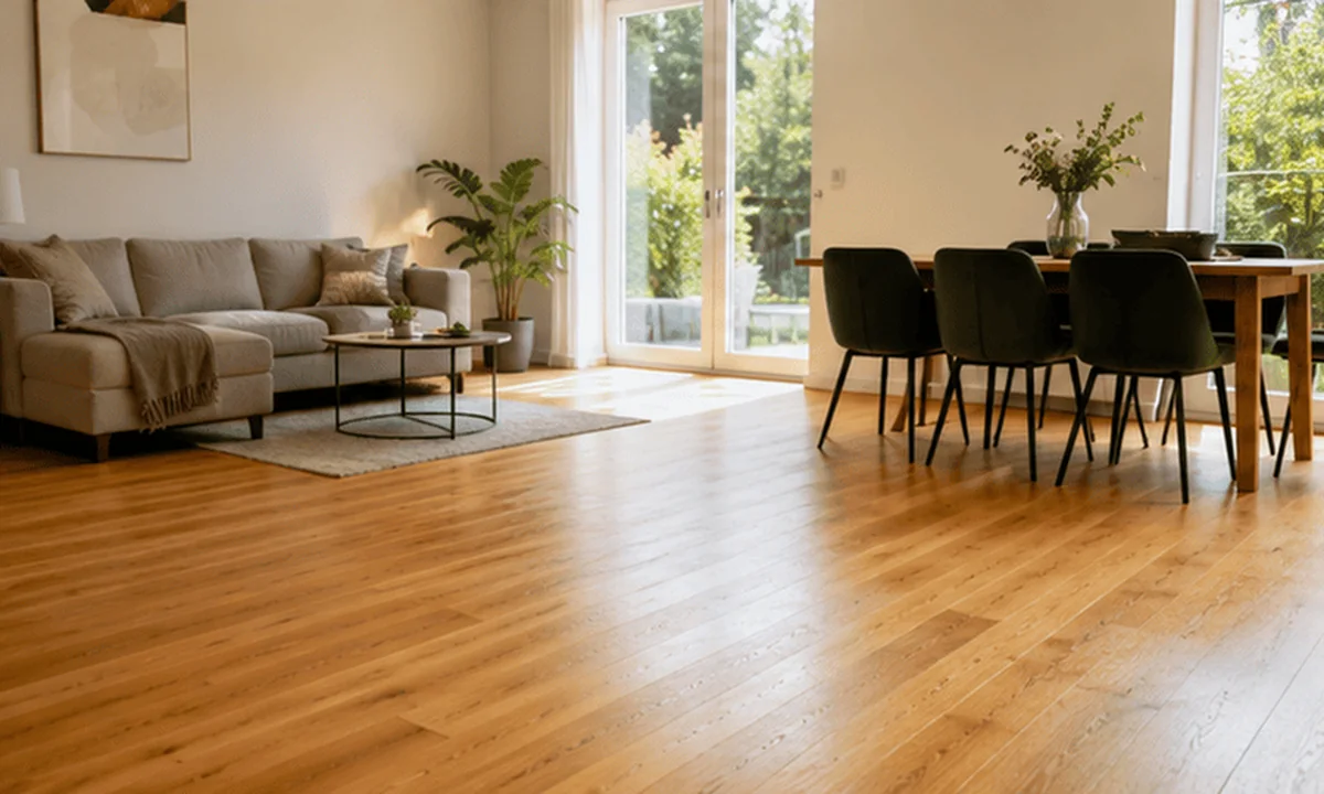 Geschuurde en gelakte eiken vloer in een woonkamer