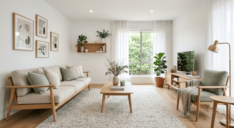 een moderene woonkamer met een licht eikenhouten vloer