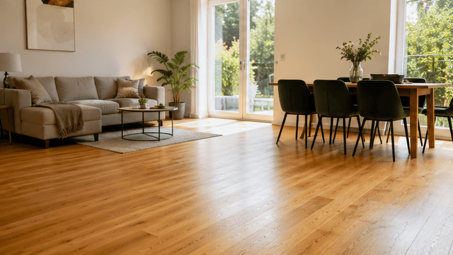 geschuurde en gelakte opgeknapte houten vloer in woonkamer
