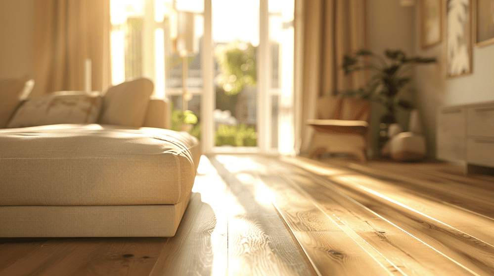 warme woonkamer met houten vloer met vloerverwarming